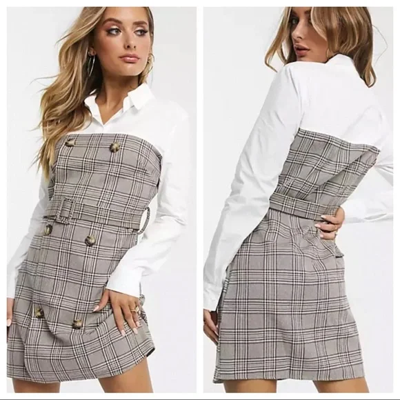 missguided mixed check fabric belted shirt dress Missguided Mixed Fabric Belted Shirt Dress Plaid